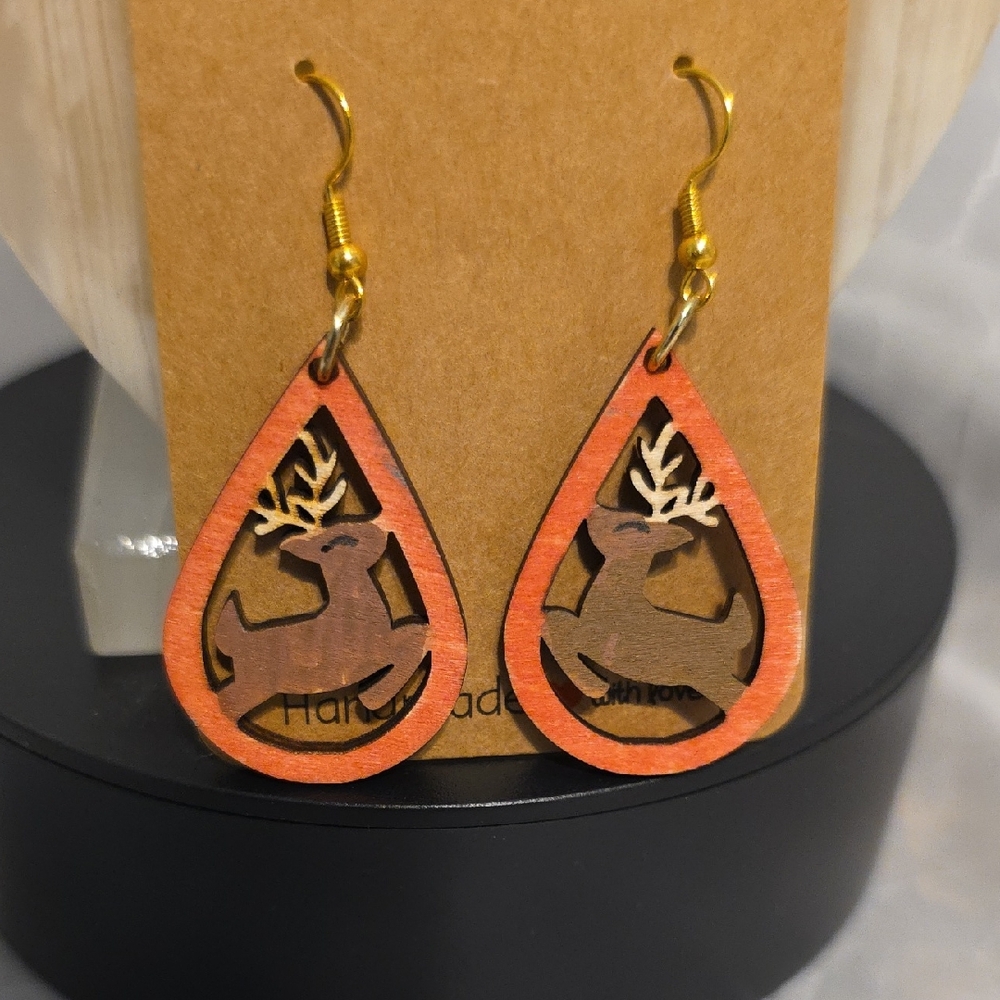Handmade Deer Teardrop Earrings - Orange and Brown